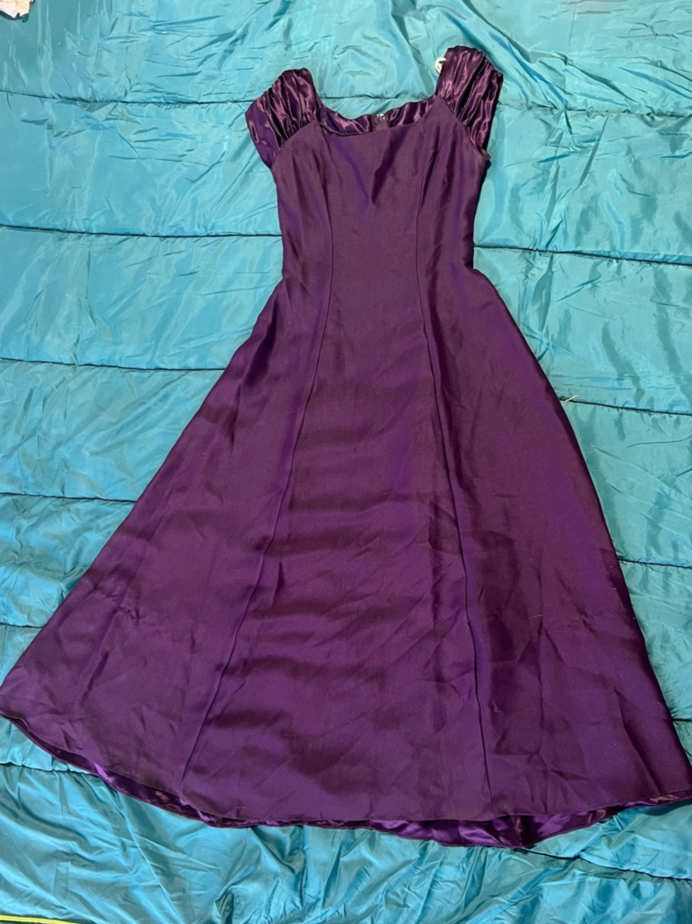 Alfred Angelo Dark Purple Midi Dress with Gathered Sleeves